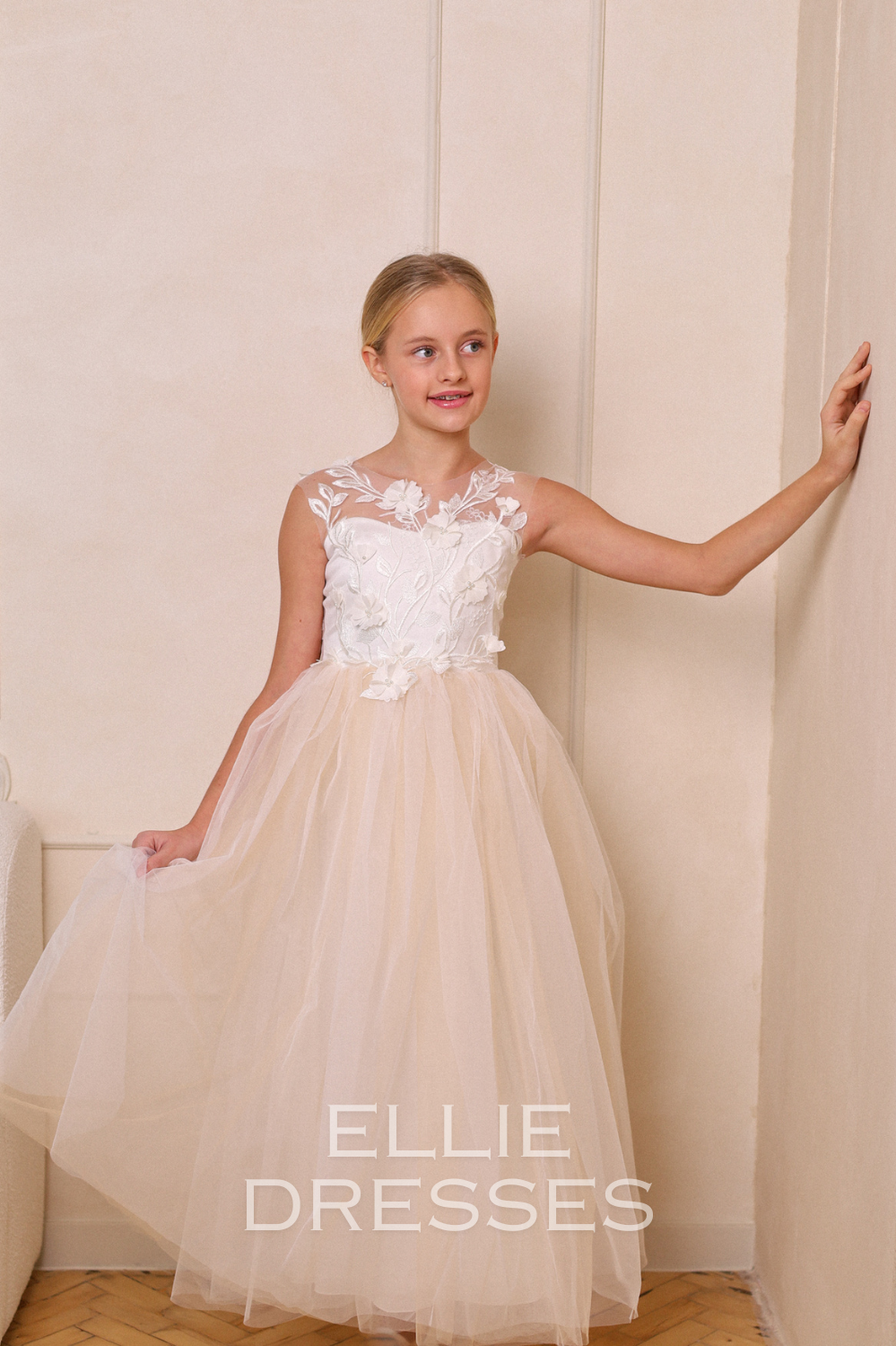 Nude Puffy Dress with floral lace