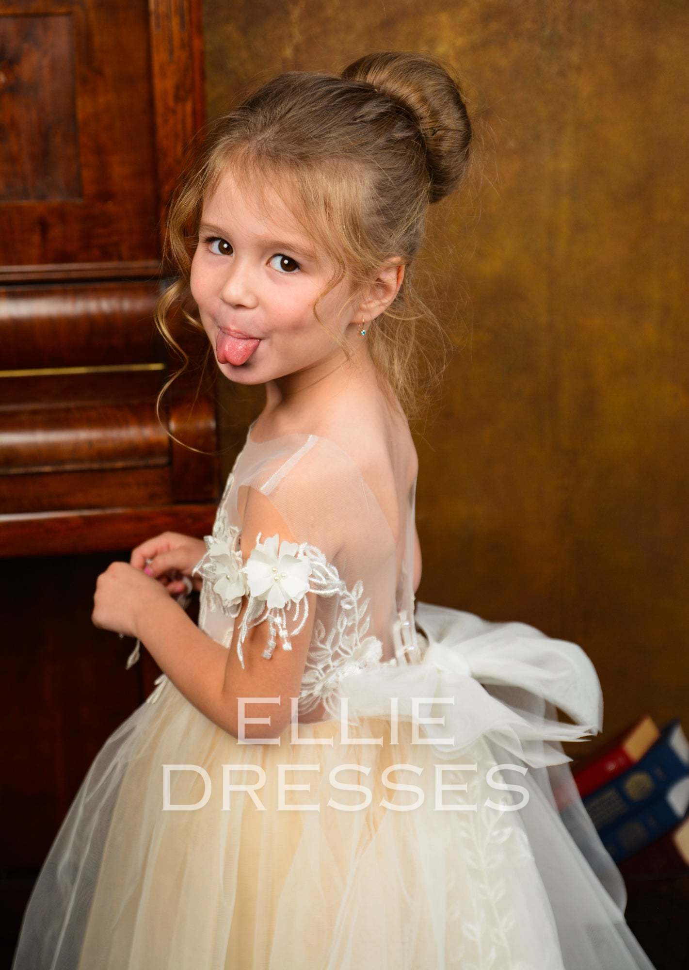 Nude Puffy Flower Girl Dress