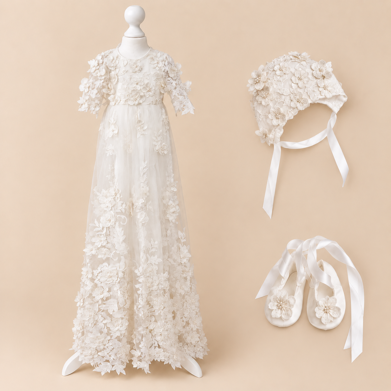 0129 Dress Set - Ivory Floral Christening Dress Set