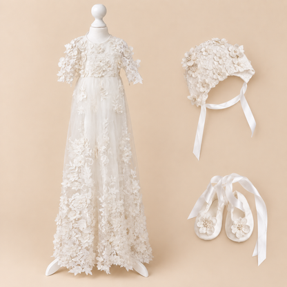 0129 Dress Set - Ivory Floral Christening Dress Set
