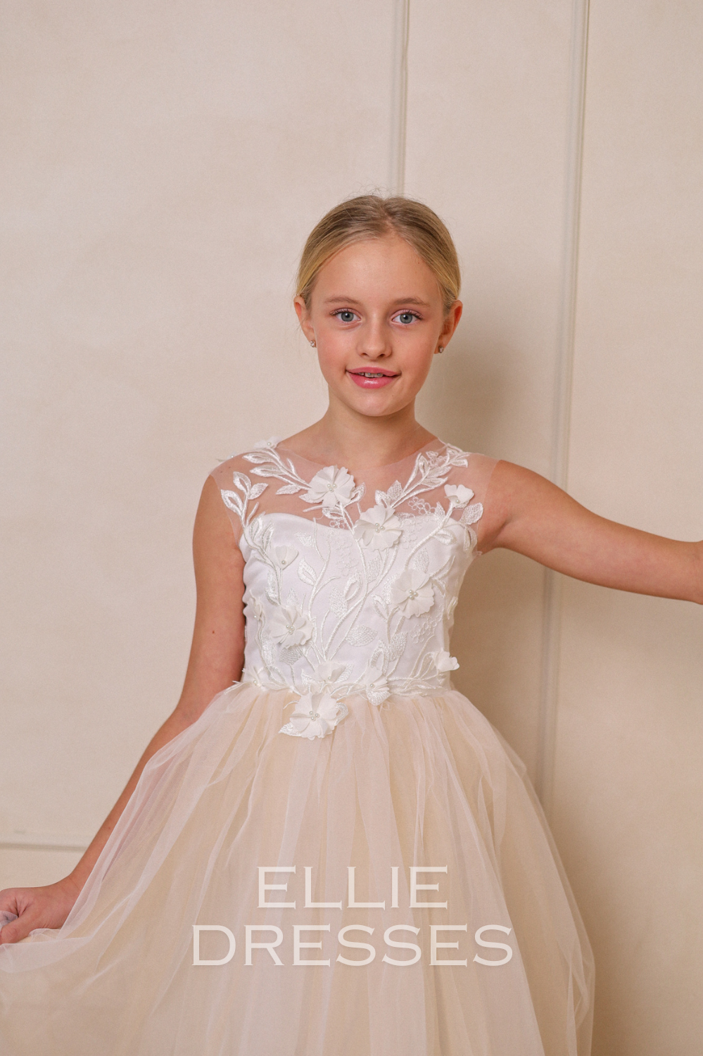 Nude Puffy Dress with floral lace