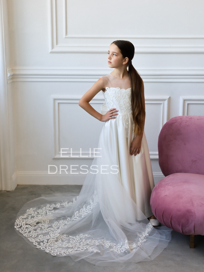 Lace Dress with Satin Skirt 8 Years / with Train / Ivory Lace Dress with Satin Skirt 8 Years / with Train / Ivory