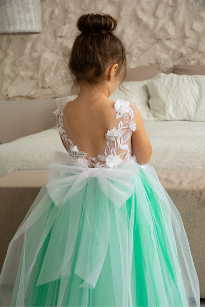 Green Dress with floral lace train Ellie Dresses Green Dress with floral lace train Ellie Dresses