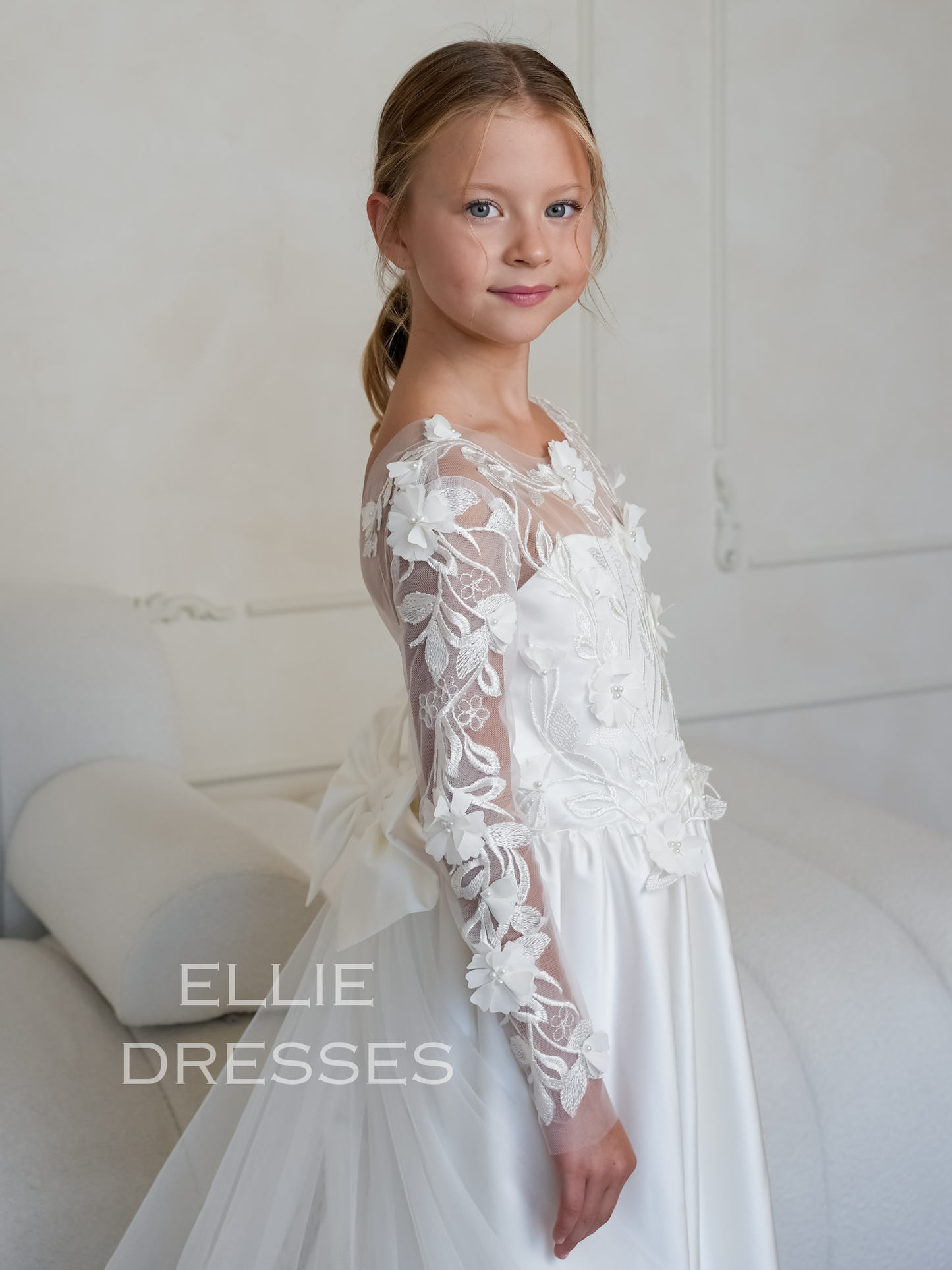 Satin Dress with long lace sleeves