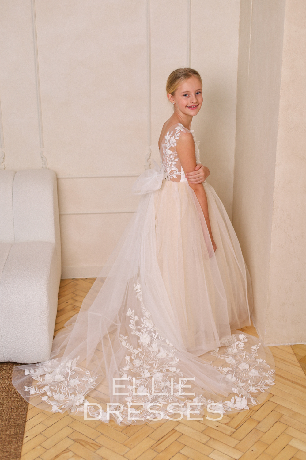 Nude Puffy Dress with floral lace