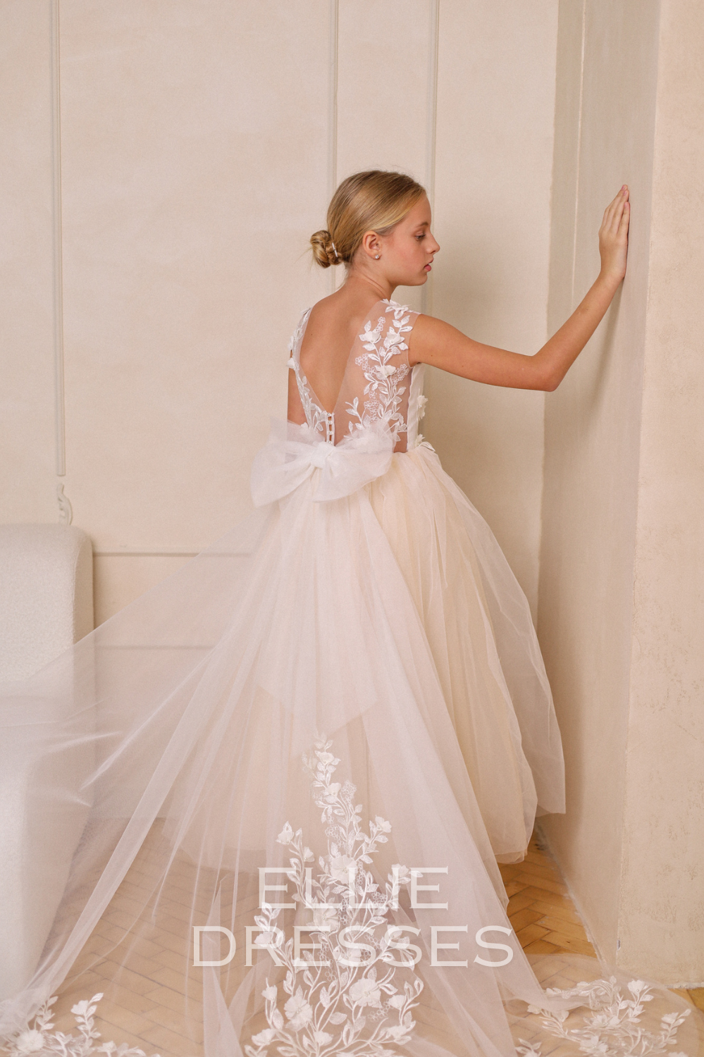 Nude Puffy Dress with floral lace