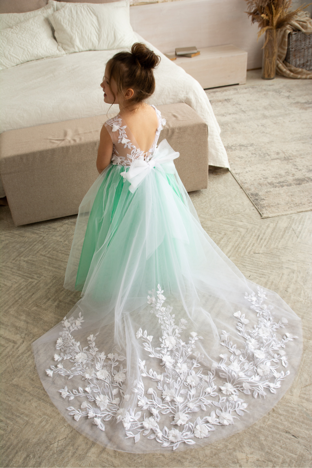 Green Dress with floral lace train Ellie Dresses Green Dress with floral lace train Ellie Dresses