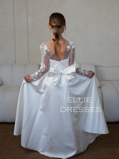 Satin Dress with long lace sleeves