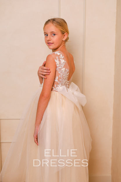 Nude Puffy Dress with floral lace