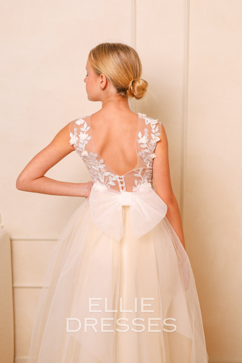 Nude Puffy Dress with floral lace