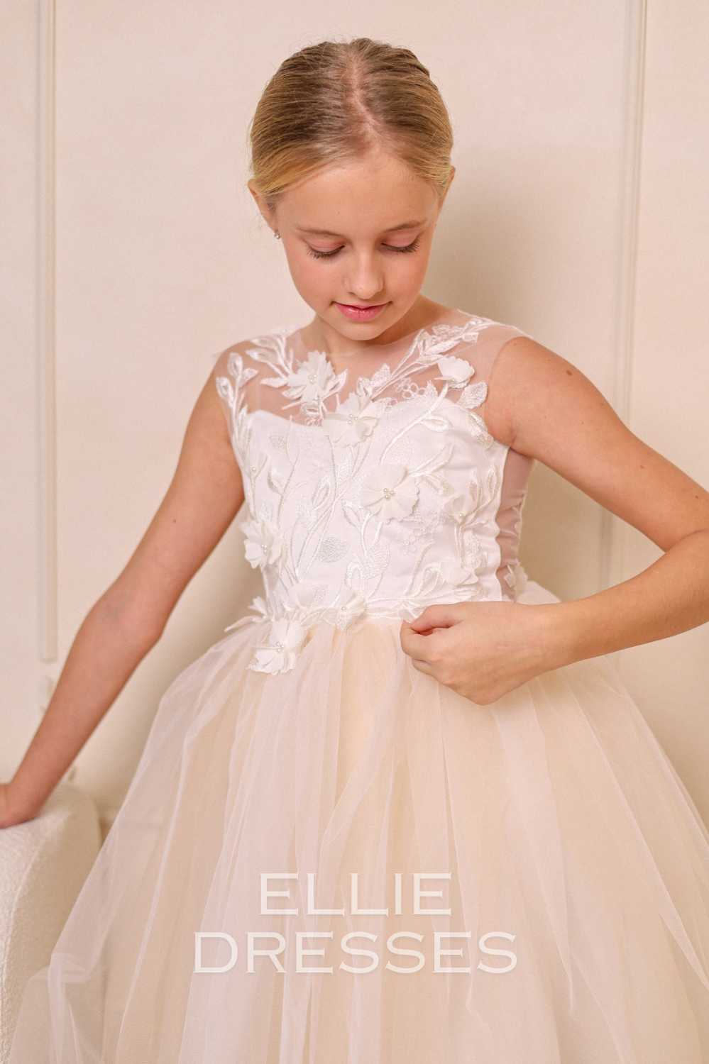 Nude Puffy Dress with floral lace