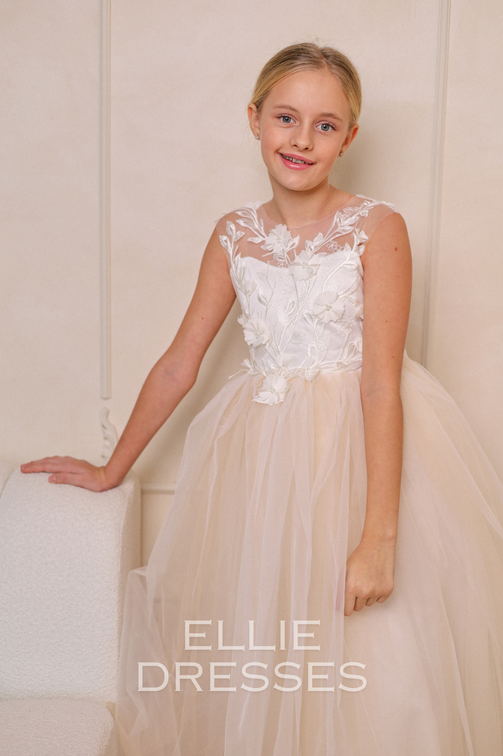 Nude Puffy Dress with floral lace