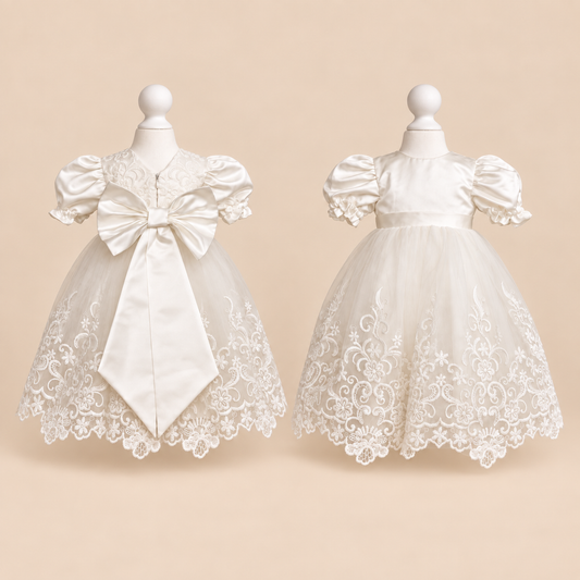 CW05 Ivory Satin and Embroidered Lace Christening Baptism Dress with Bow