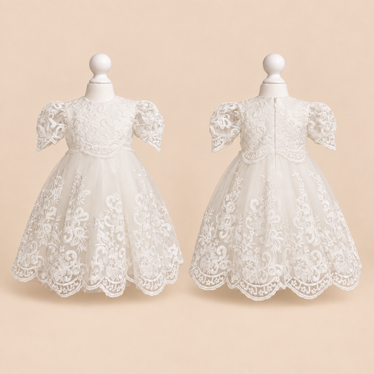 CW06/1 Floral Embroidered Lace Christening Baptism Dress with Puff Sleeves