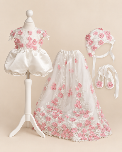 0129 Overall Set Pink - Ivory & Pink Floral Christening Overall Set