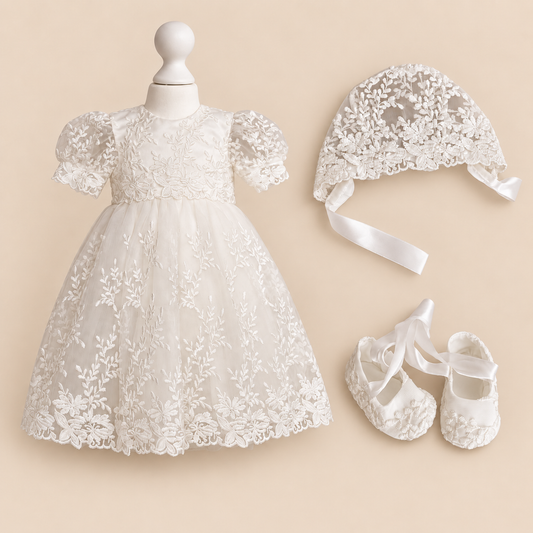 CW08/1 Floral Embroidered Lace Christening Baptism Dress with Optional Bonnet & Shoes