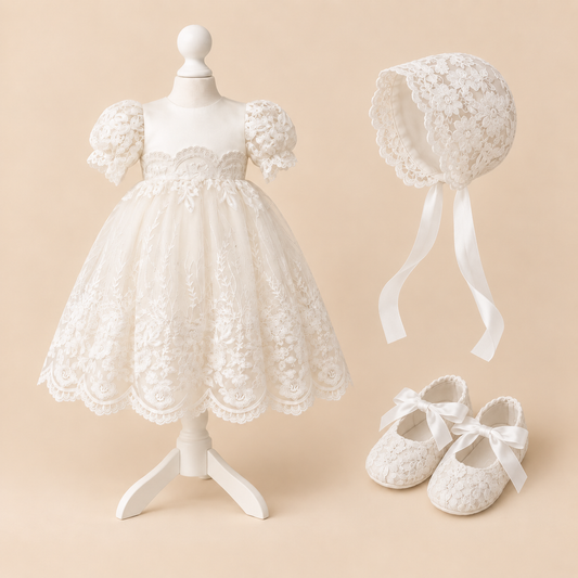 CW-14 Ivory Embroidered Lace Christening Baptism Gown with Optional Bonnet & Shoes