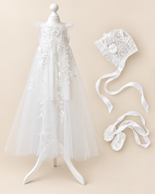 TC 001 Embroidered Tulle Christening Cape with Optional Dress or Bodysuit