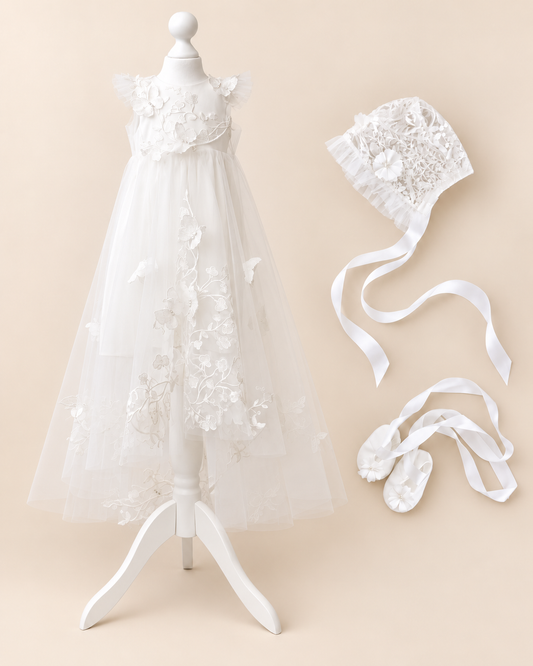 TC 002 Butterfly Embroidered Tulle Christening Cape with Optional Dress or Bodysuit