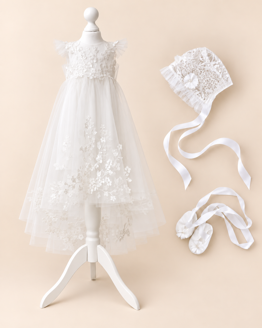 TC 004 Floral Embroidered Tulle Christening Cape with Optional Dress or Bodysuit