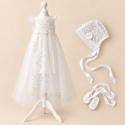 TC 005 Floral Baptism Tulle Christening Cape with Optional Dress or Bodysuit