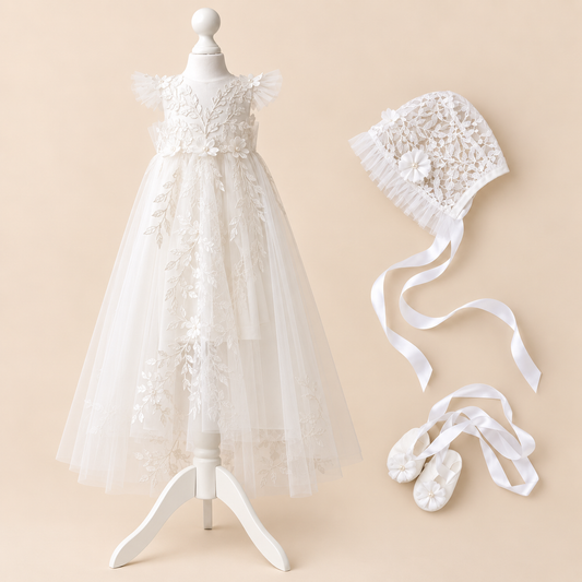 TC 005 Floral Embroidered Tulle Christening Cape with Optional Dress or Bodysuit