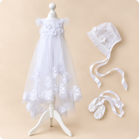 TC 007 3D Floral Embroidered Tulle Christening Cape with Optional Dress or Bodysuit