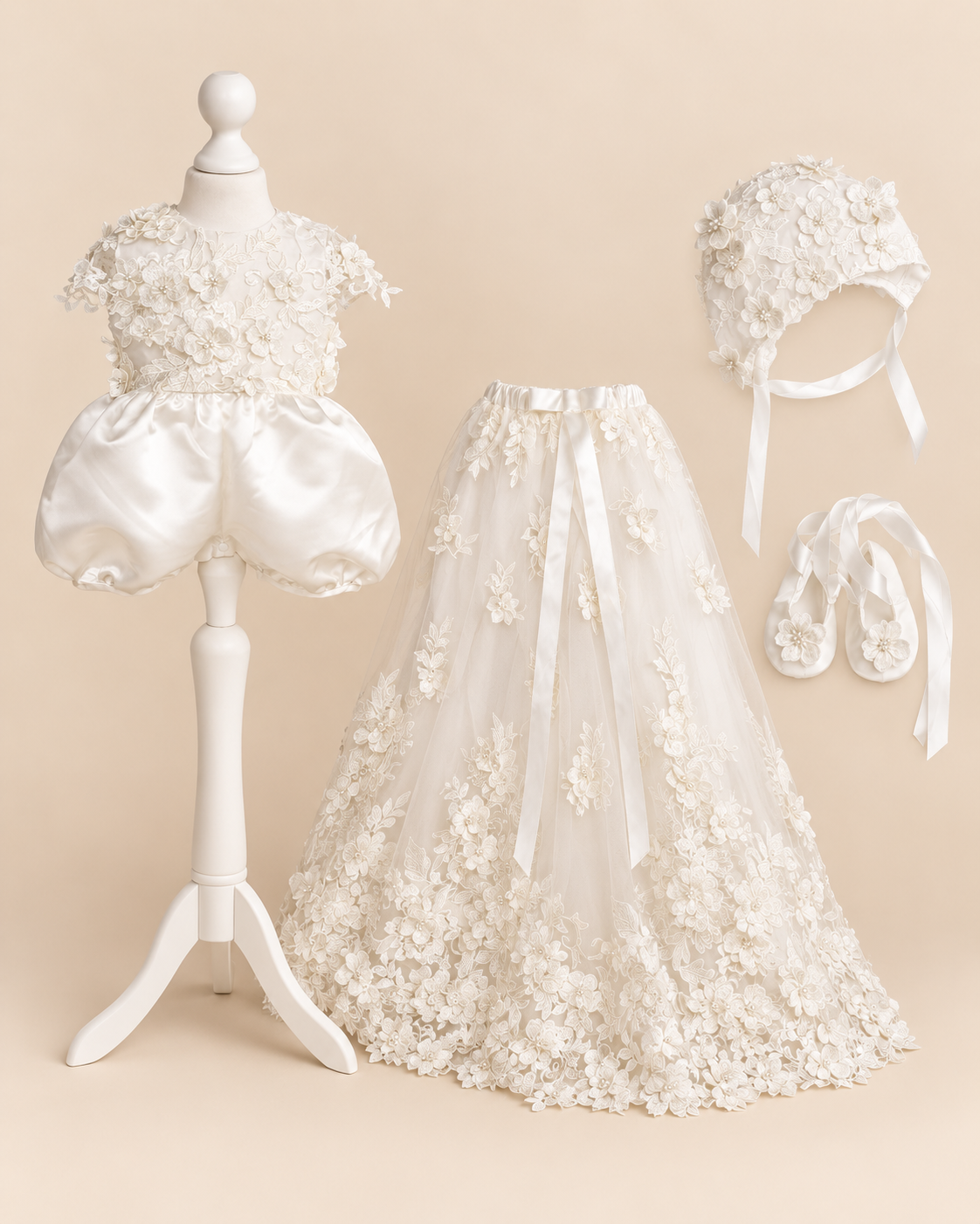 0129 Overall Set Pink - Ivory Floral Christening Overall Set