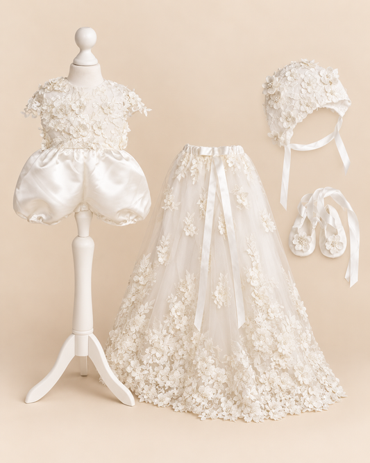 0129 Overall Set Pink - Ivory Floral Christening Overall Set