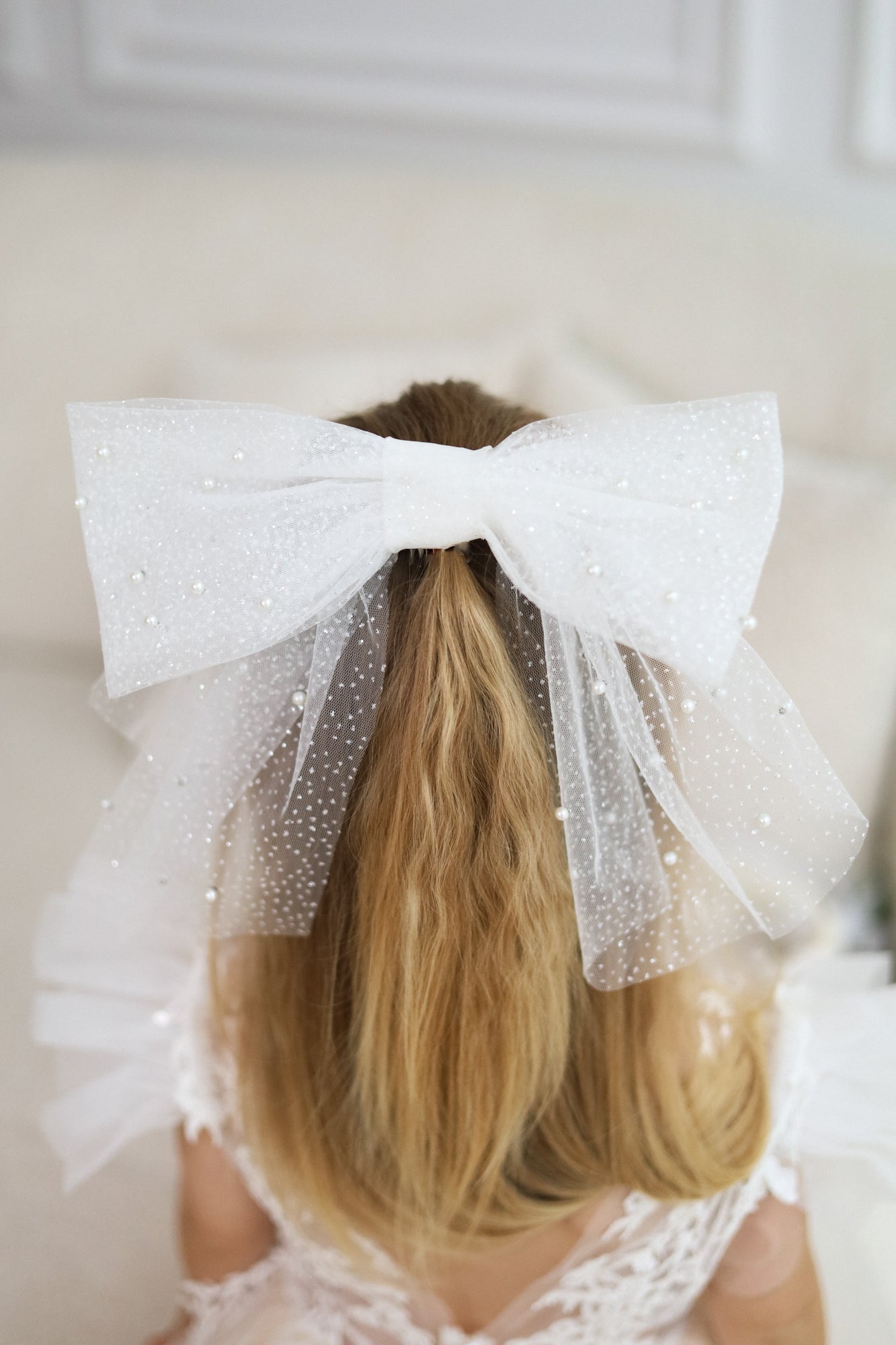Pearl & Embroidered Bow for Baptism, Communion & Weddings