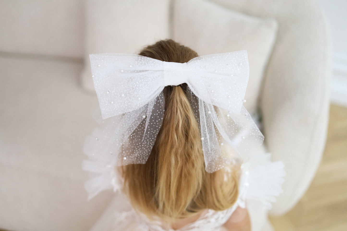Pearl & Embroidered Bow for Baptism, Communion & Weddings