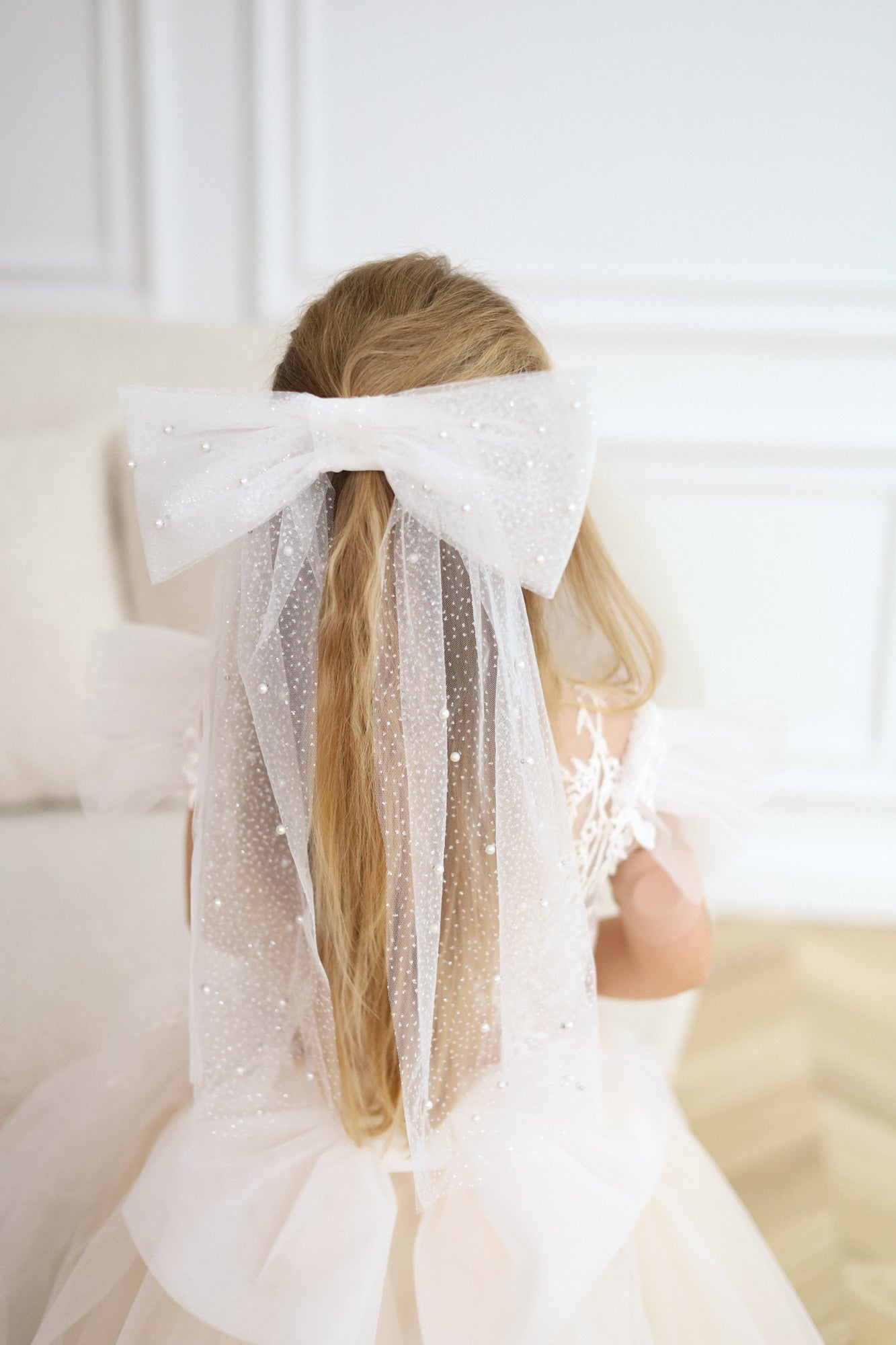 Pearl & Embroidered Bow for Baptism, Communion & Weddings