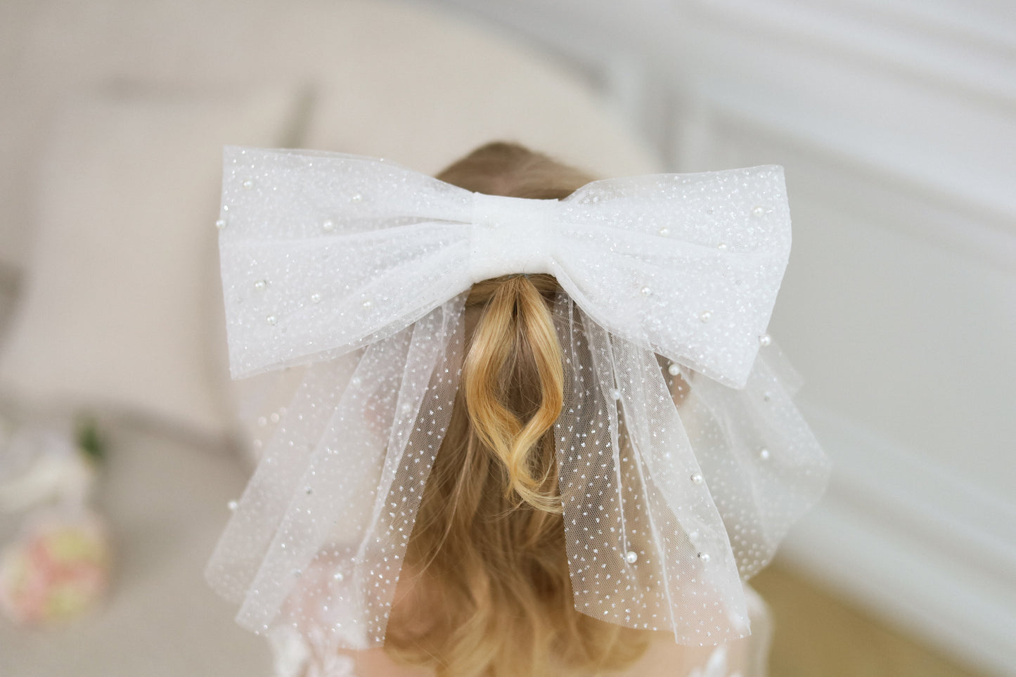 Pearl & Embroidered Bow for Baptism, Communion & Weddings