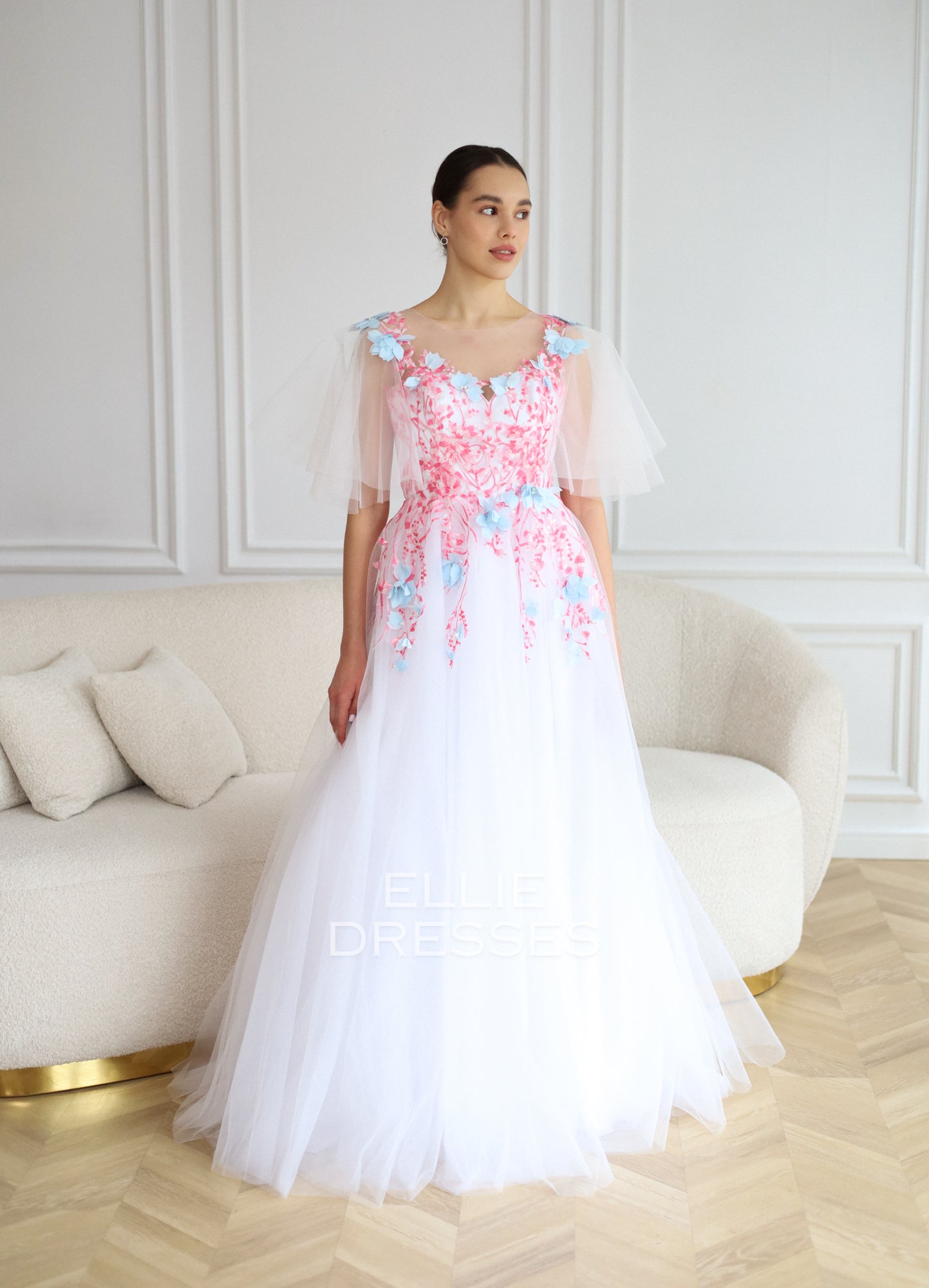 Colored Bride Dress with pink lace 10 / Ivory