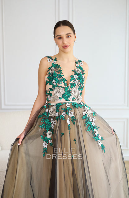 Black Wedding Dress with green lace