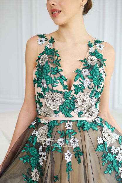 Black Wedding Dress with green lace