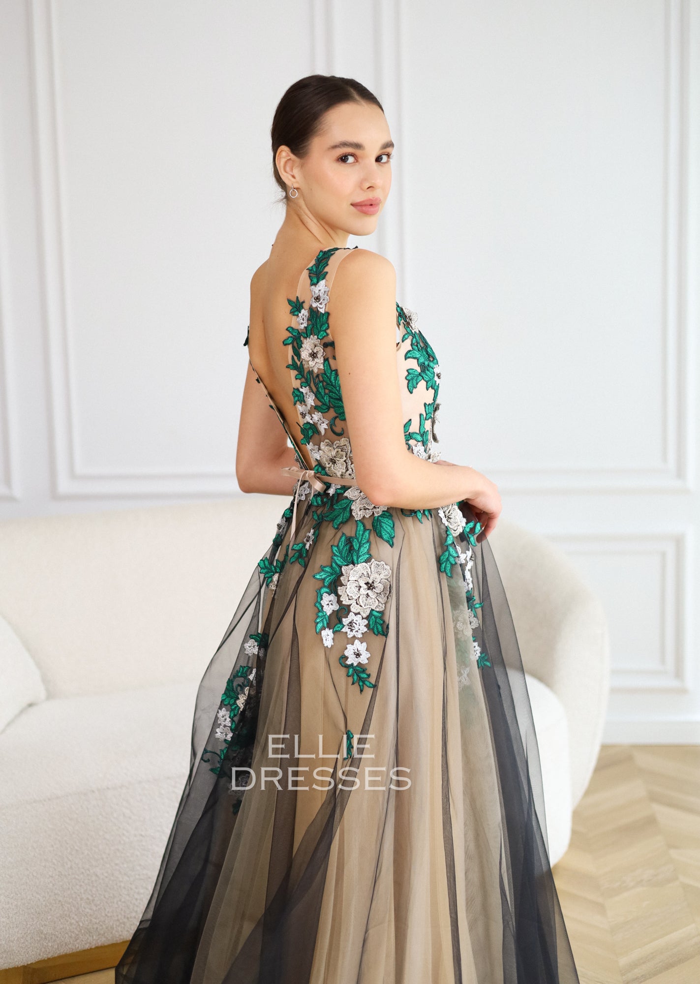 Black Wedding Dress with green lace