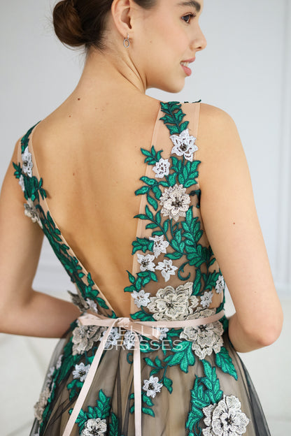 Black Wedding Dress with green lace