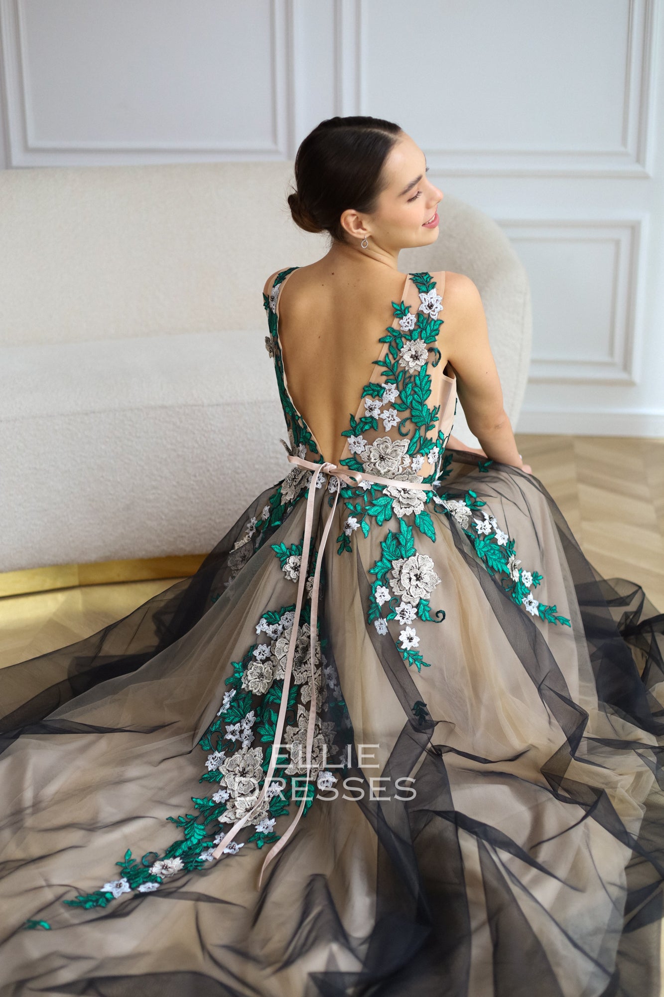 Black Wedding Dress with green lace