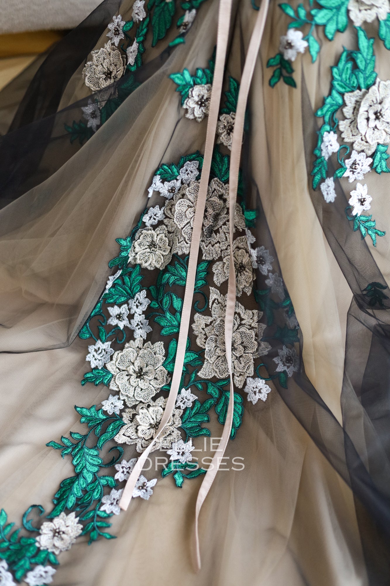 Black Wedding Dress with green lace