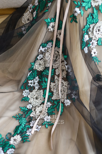 Black Wedding Dress with green lace