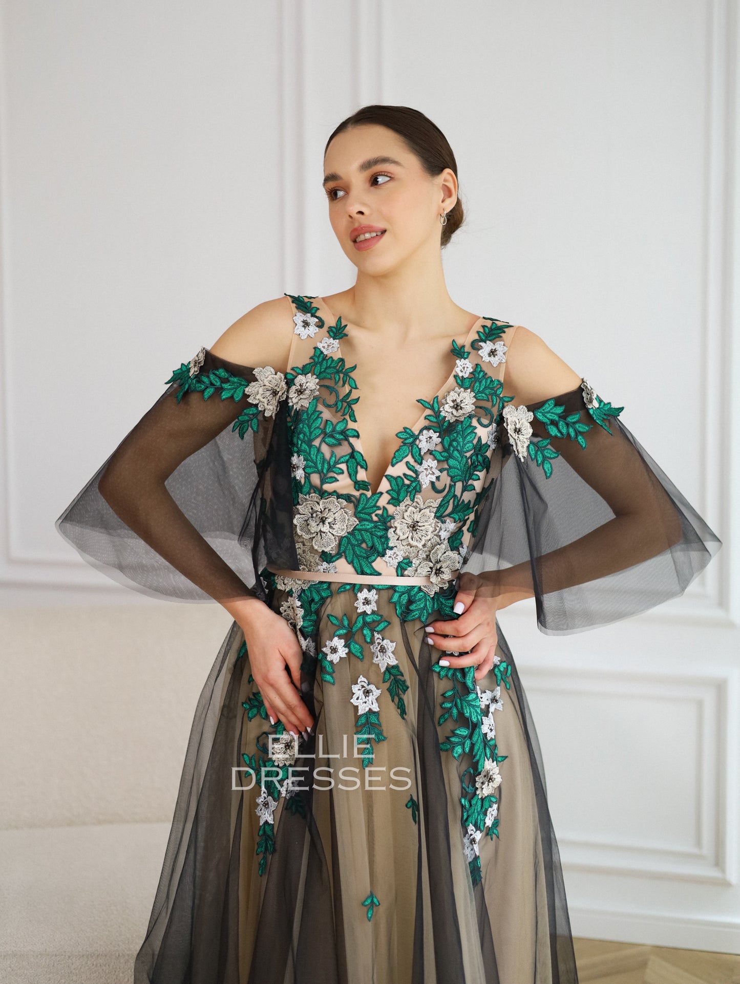 Black Wedding Dress with green lace