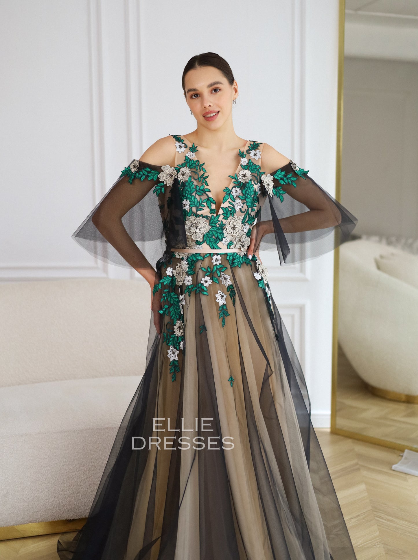 Black Wedding Dress with green lace