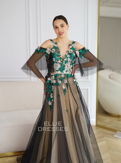 Black Wedding Dress with green lace