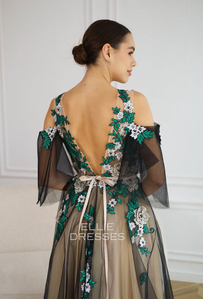 Black Wedding Dress with green lace