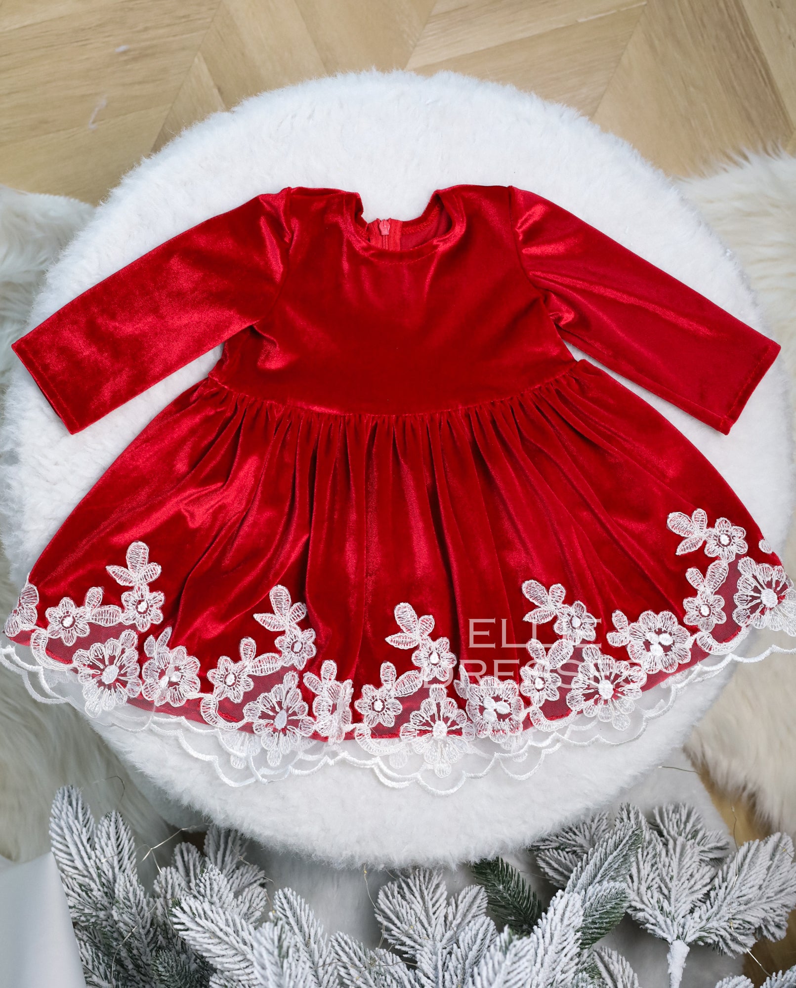 Christmas Dress with Floral Lace Red / 3-6 Months Christmas Dress with Floral Lace Red / 3-6 Months