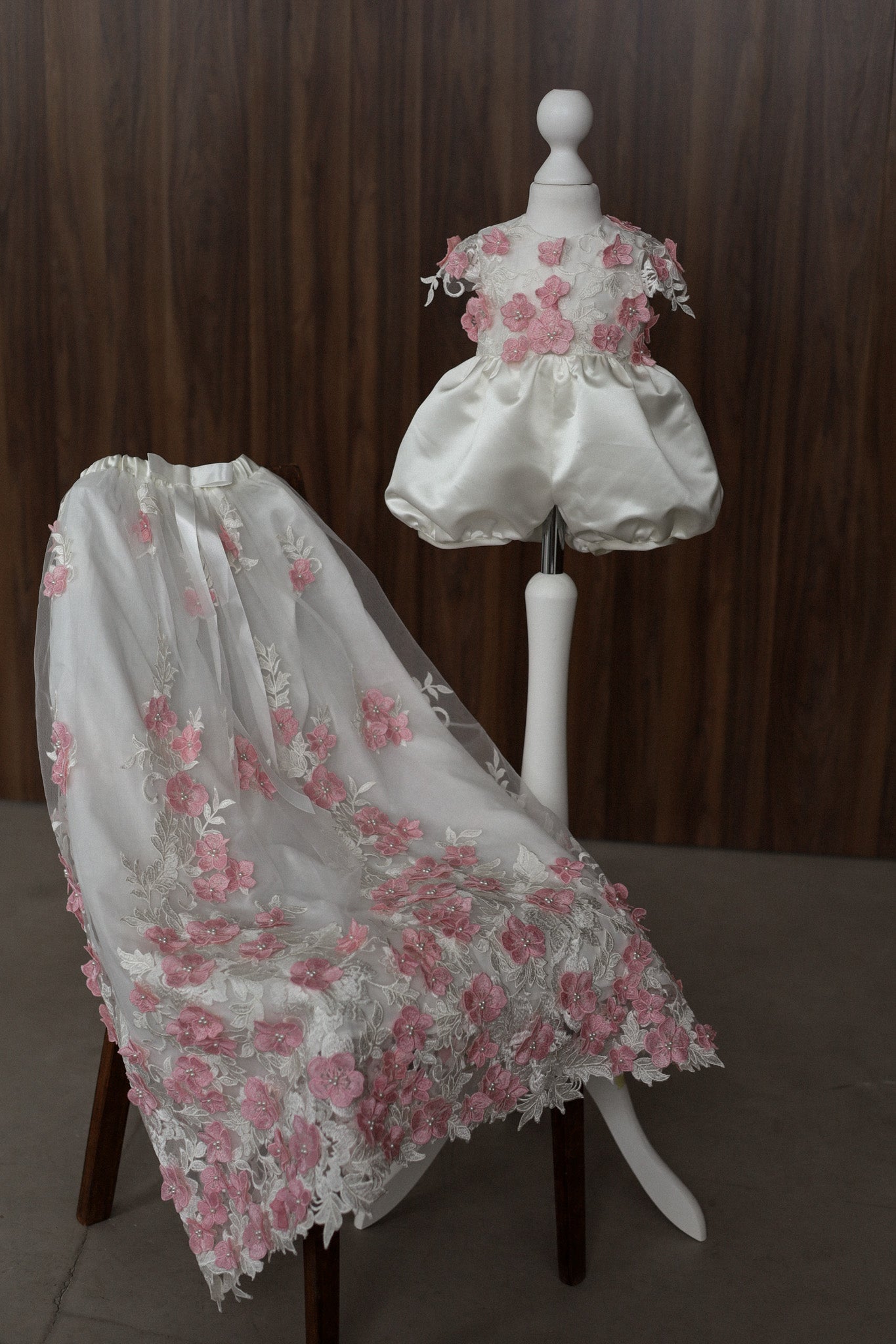 0129 Overall Set Pink - Ivory & Pink Floral Christening Overall Set