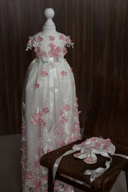 0129 Overall Set Pink - Ivory & Pink Floral Christening Overall Set