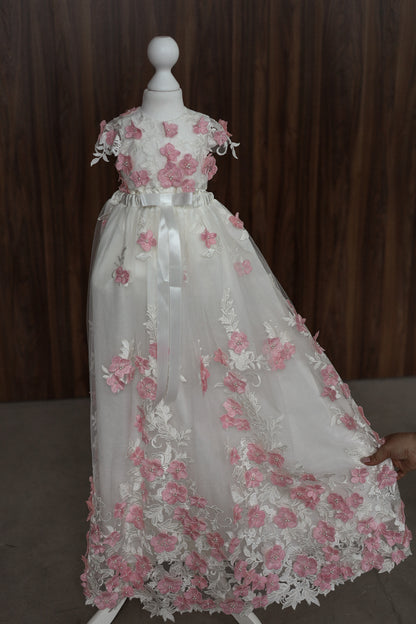 0129 Overall Set Pink - Ivory & Pink Floral Christening Overall Set