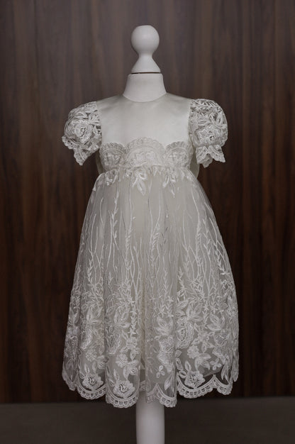 CW14 – Ivory Lace Christening Dress Set, Short Sleeve